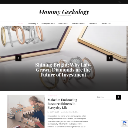 A detailed screenshot showcasing the homepage of mommygeekology.com, highlighting its main features and design elements.