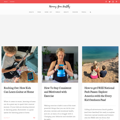 A detailed screenshot showcasing the homepage of mommygonehealthy.com, highlighting its main features and design elements.