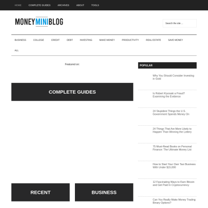 A detailed screenshot showcasing the homepage of moneyminiblog.com, highlighting its main features and design elements.