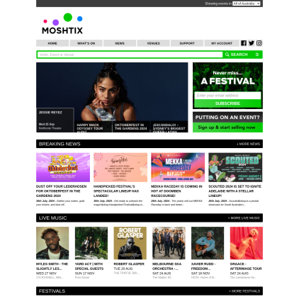 A detailed screenshot showcasing the homepage of moshtix.com.au, highlighting its main features and design elements.