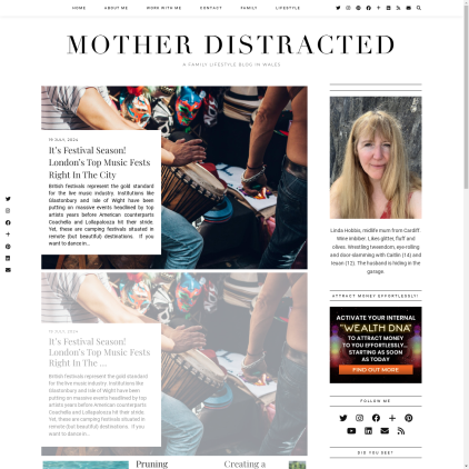 A detailed screenshot showcasing the homepage of motherdistracted.co.uk, highlighting its main features and design elements.