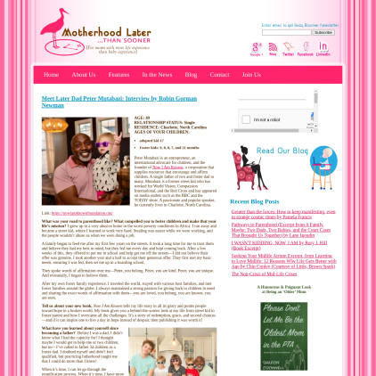 A detailed screenshot showcasing the homepage of motherhoodlater.com, highlighting its main features and design elements.