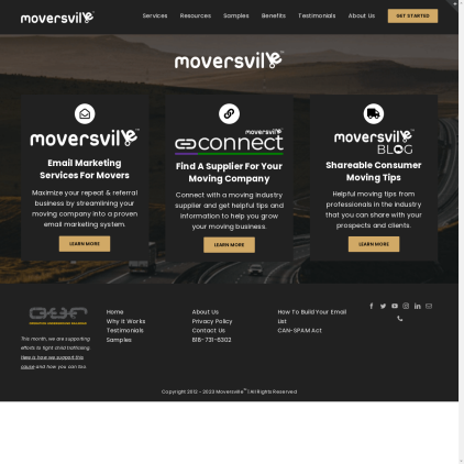 A detailed screenshot showcasing the homepage of moversville.com, highlighting its main features and design elements.