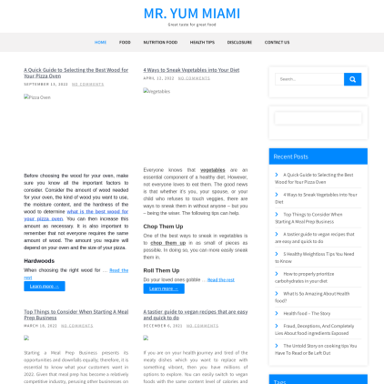 A detailed screenshot showcasing the homepage of mryummiami.com, highlighting its main features and design elements.