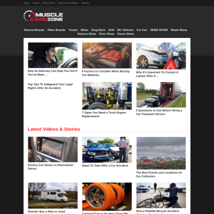 A detailed screenshot showcasing the homepage of musclecarszone.com, highlighting its main features and design elements.