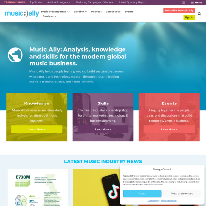 A detailed screenshot showcasing the homepage of musically.com, highlighting its main features and design elements.