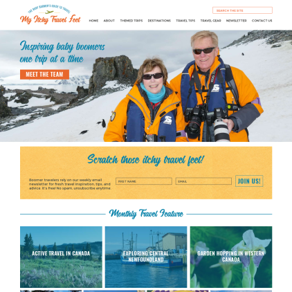 A detailed screenshot showcasing the homepage of myitchytravelfeet.com, highlighting its main features and design elements.