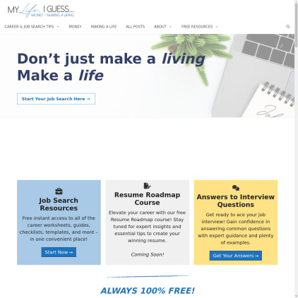 A detailed screenshot showcasing the homepage of mylifeiguess.com, highlighting its main features and design elements.