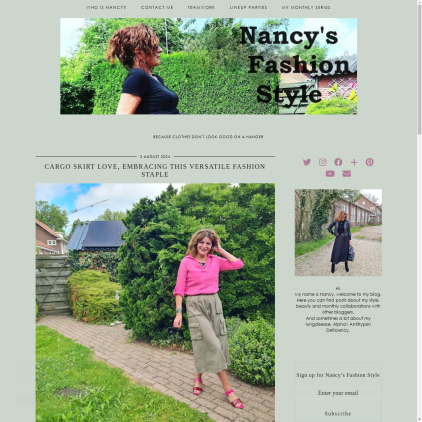 A detailed screenshot showcasing the homepage of nancysfashionstyle.com, highlighting its main features and design elements.