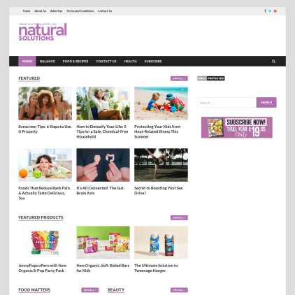 A detailed screenshot showcasing the homepage of naturalsolutionsmag.com, highlighting its main features and design elements.