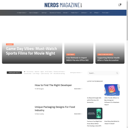 A detailed screenshot showcasing the homepage of nerdsmagazine.com, highlighting its main features and design elements.