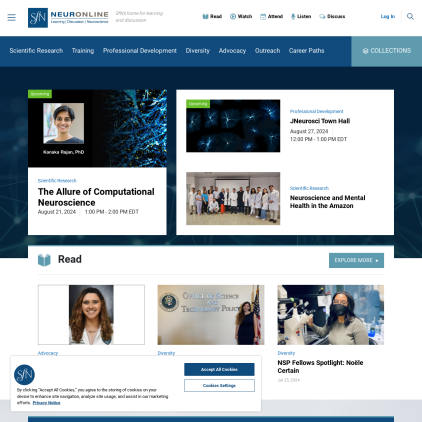 A detailed screenshot showcasing the homepage of neuronline.sfn.org, highlighting its main features and design elements.