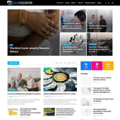 A detailed screenshot showcasing the homepage of neuroscientia.com, highlighting its main features and design elements.