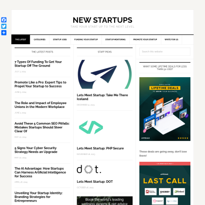 A detailed screenshot showcasing the homepage of new-startups.com, highlighting its main features and design elements.