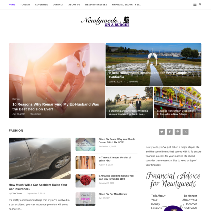 A detailed screenshot showcasing the homepage of newlywedsonabudget.com, highlighting its main features and design elements.