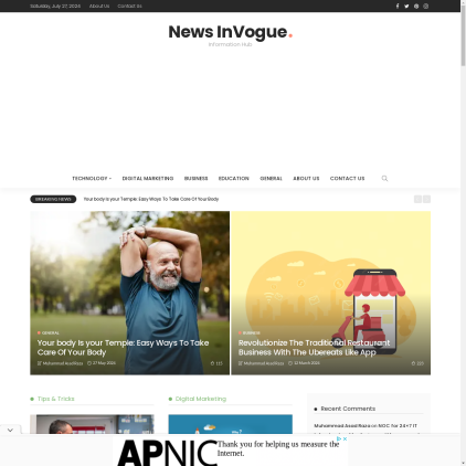 A detailed screenshot showcasing the homepage of newsinvogue.com, highlighting its main features and design elements.