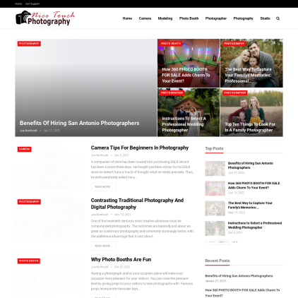 A detailed screenshot showcasing the homepage of nicetouchphotography.com, highlighting its main features and design elements.