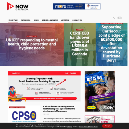 A detailed screenshot showcasing the homepage of nowgrenada.com, highlighting its main features and design elements.