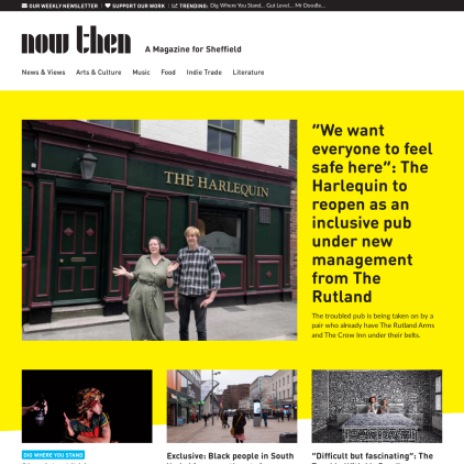 A detailed screenshot showcasing the homepage of nowthenmagazine.com, highlighting its main features and design elements.