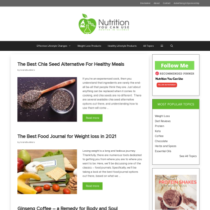 A detailed screenshot showcasing the homepage of nutritionyoucanuse.com, highlighting its main features and design elements.