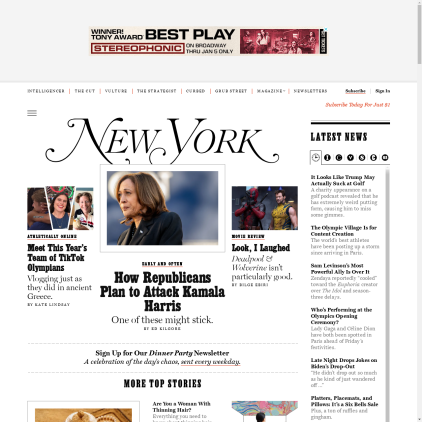 A detailed screenshot showcasing the homepage of nymag.com, highlighting its main features and design elements.