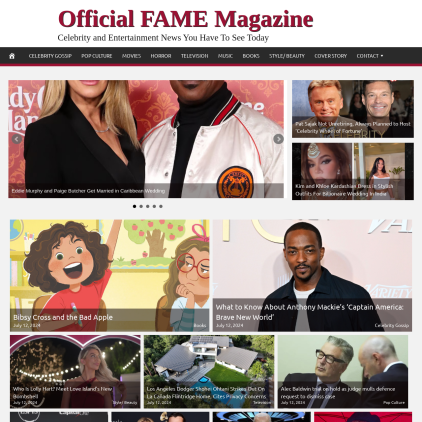 A detailed screenshot showcasing the homepage of officialfamemagazine.com, highlighting its main features and design elements.