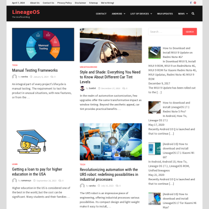 A detailed screenshot showcasing the homepage of officiallineageos.com, highlighting its main features and design elements.