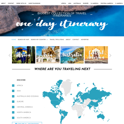 A detailed screenshot showcasing the homepage of onedayitinerary.com, highlighting its main features and design elements.