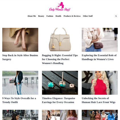 A detailed screenshot showcasing the homepage of onlywomenstuff.com, highlighting its main features and design elements.