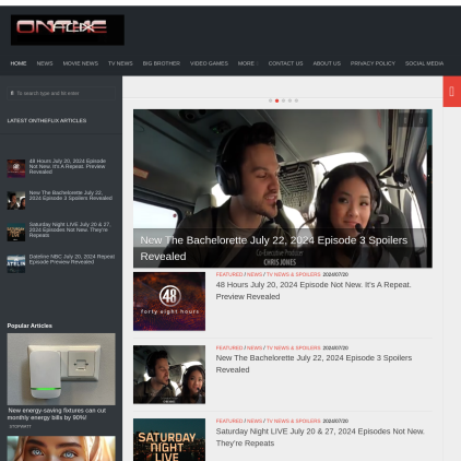 A detailed screenshot showcasing the homepage of ontheflix.com, highlighting its main features and design elements.