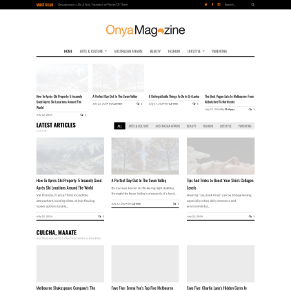 A detailed screenshot showcasing the homepage of onyamagazine.com, highlighting its main features and design elements.