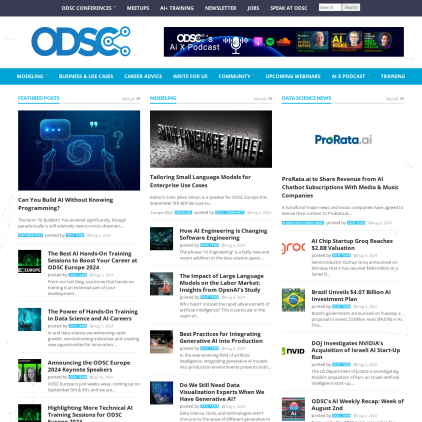 A detailed screenshot showcasing the homepage of opendatascience.com, highlighting its main features and design elements.