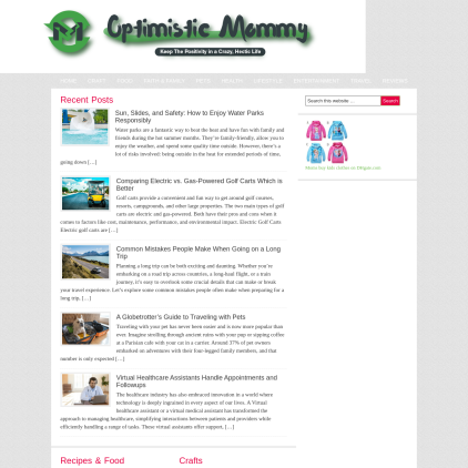 A detailed screenshot showcasing the homepage of optimisticmommy.com, highlighting its main features and design elements.