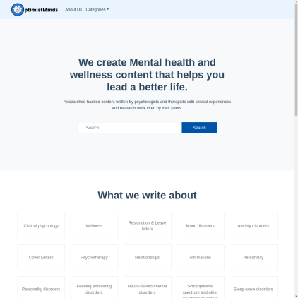 A detailed screenshot showcasing the homepage of optimistminds.com, highlighting its main features and design elements.