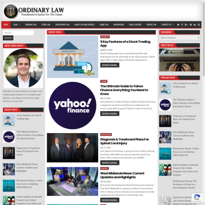 A detailed screenshot showcasing the homepage of ordinarylaw.com, highlighting its main features and design elements.