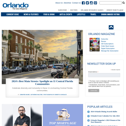 A detailed screenshot showcasing the homepage of orlandomagazine.com, highlighting its main features and design elements.