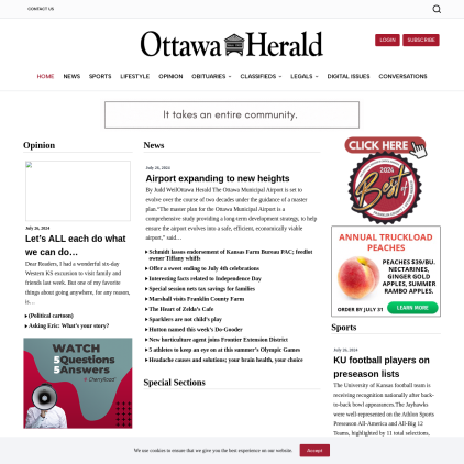 A detailed screenshot showcasing the homepage of ottawaherald.com, highlighting its main features and design elements.