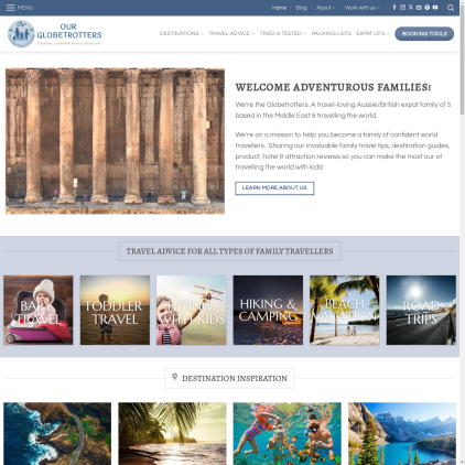 A detailed screenshot showcasing the homepage of ourglobetrotters.com, highlighting its main features and design elements.