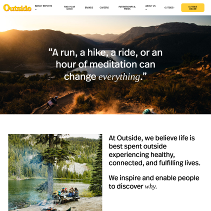 A detailed screenshot showcasing the homepage of outsideinc.com, highlighting its main features and design elements.