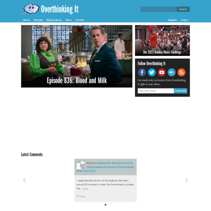 A detailed screenshot showcasing the homepage of overthinkingit.com, highlighting its main features and design elements.