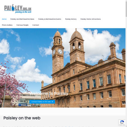 A detailed screenshot showcasing the homepage of paisley.org.uk, highlighting its main features and design elements.