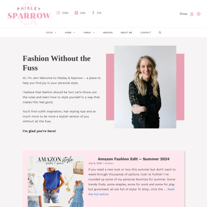 A detailed screenshot showcasing the homepage of paisleyandsparrow.com, highlighting its main features and design elements.