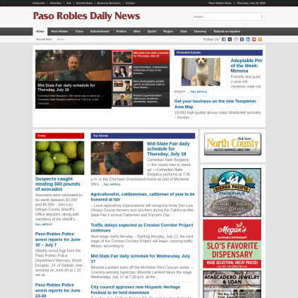 A detailed screenshot showcasing the homepage of pasoroblesdailynews.com, highlighting its main features and design elements.