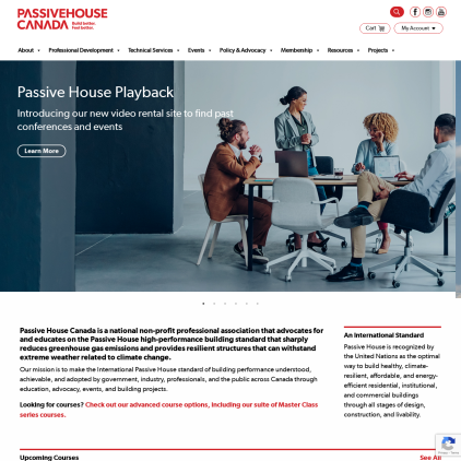 A detailed screenshot showcasing the homepage of passivehousecanada.com, highlighting its main features and design elements.