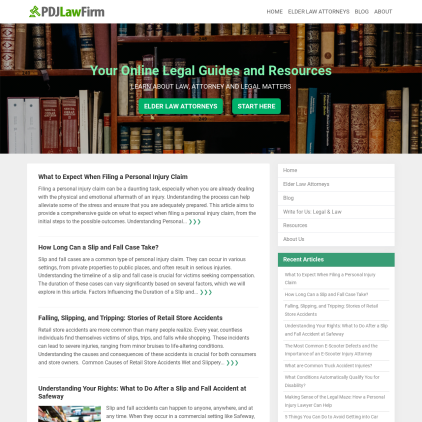 A detailed screenshot showcasing the homepage of pdjlawfirm.org, highlighting its main features and design elements.
