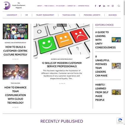 A detailed screenshot showcasing the homepage of peopledevelopmentmagazine.com, highlighting its main features and design elements.