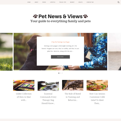 A detailed screenshot showcasing the homepage of petnewsandviews.com, highlighting its main features and design elements.