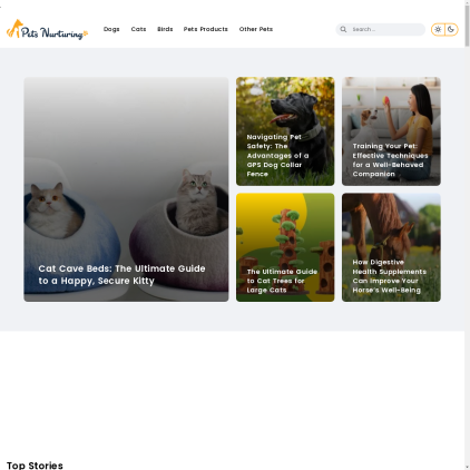 A detailed screenshot showcasing the homepage of petsnurturing.com, highlighting its main features and design elements.
