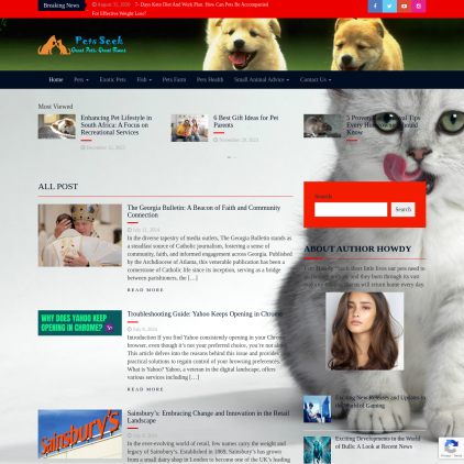 A detailed screenshot showcasing the homepage of petsseek.com, highlighting its main features and design elements.