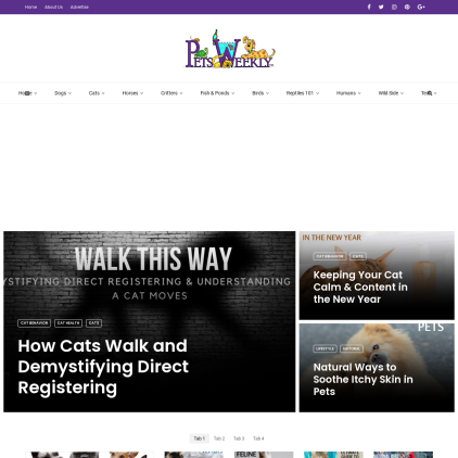 A detailed screenshot showcasing the homepage of petsweekly.com, highlighting its main features and design elements.